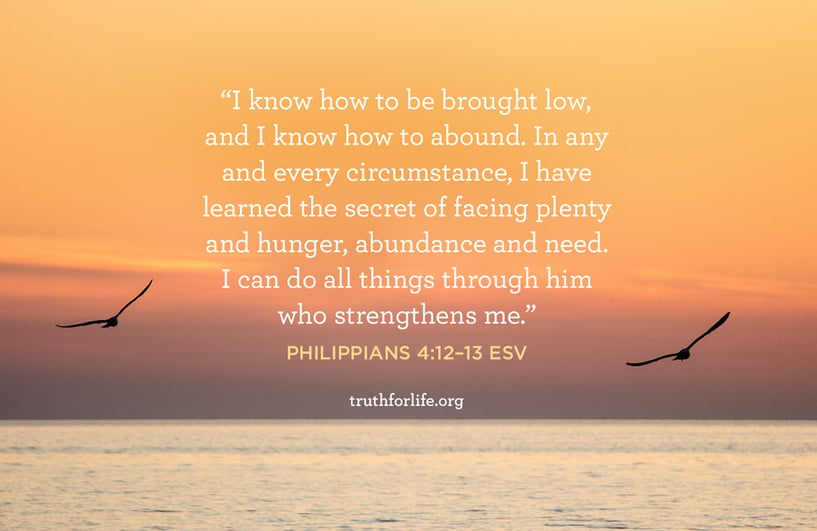 I know how to be brought low, and I know how to abound. In any and every circumstance, I have learned the secret of facing plenty and hunger, abundance and need. I can do all things through him who strengthens me. - Philippians 4:12–13 ESV