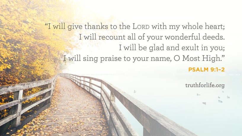 I will give thanks to the LORD with my whole heart; I will recount all of your wonderful deeds. I will be glad and exult in you; I will sing praise to your name, O Most High.” - Psalm 9:1–2