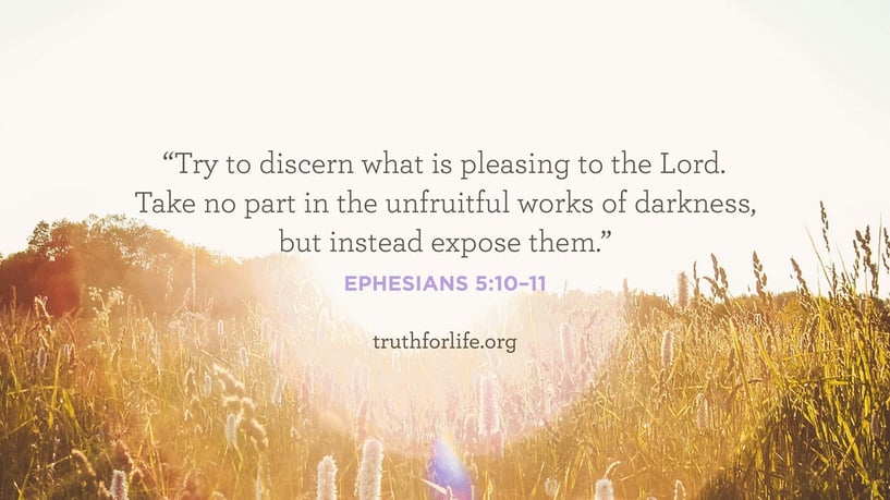 Try to discern what is pleasing to the Lord. Take no part in the unfruitful works of darkness, but instead expose them. - Ephesians 5:10–11 Try to discern what is pleasing to the Lord. Take no part in the unfruitful works of darkness, but instead expose them. - Ephesians 5:10–11