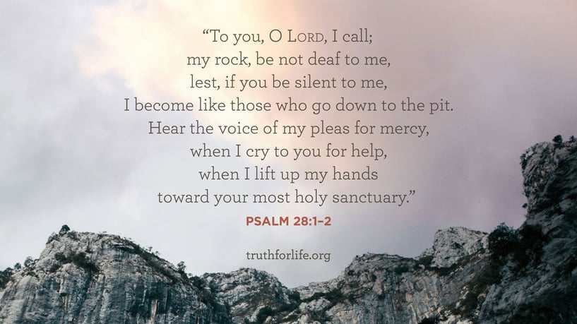 To you, O LORD, I call; my rock, be not deaf to me, lest, if you be silent to me, I become like those who go down to the pit.  Hear the voice of my pleas for mercy,  when I cry to you for help,  when I lift up my hands   toward your most holy sanctuary. - Psalm 28:1–2
