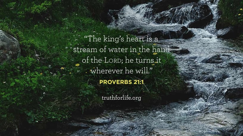 The king’s heart is a stream of water in the hand of the LORD; he turns it wherever he will. - Proverbs 21:1 The king’s heart is a stream of water in the hand of the LORD; he turns it wherever he will. - Proverbs 21:1